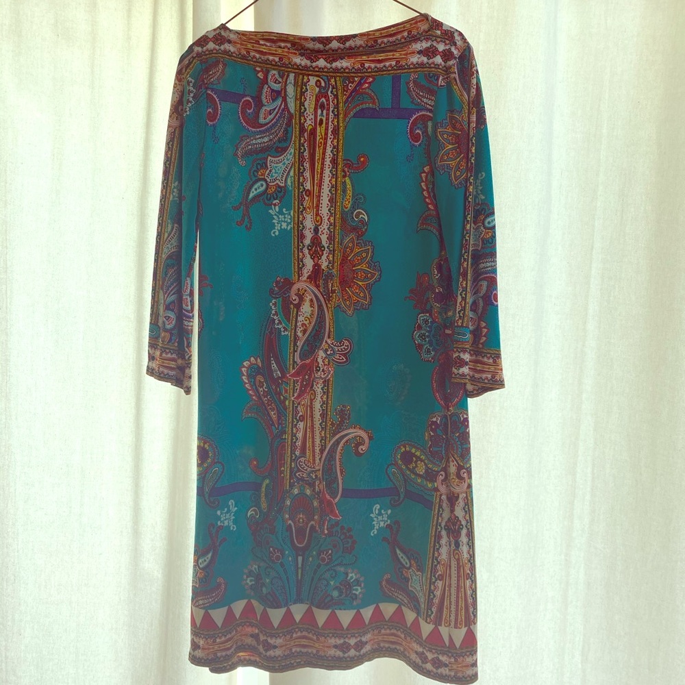 Boat neck teal paisley dress